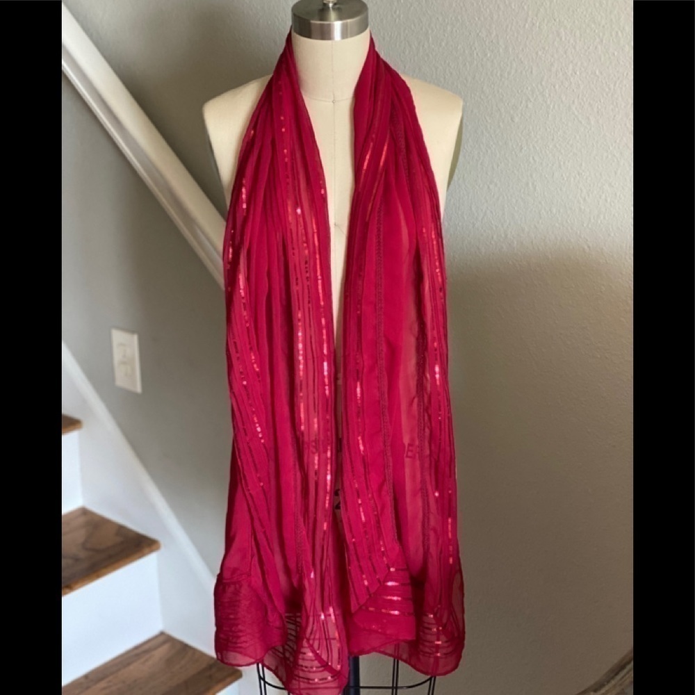 Michael Stars Red Chiffon Scarf Sequin Trim - Picture 3 of 5